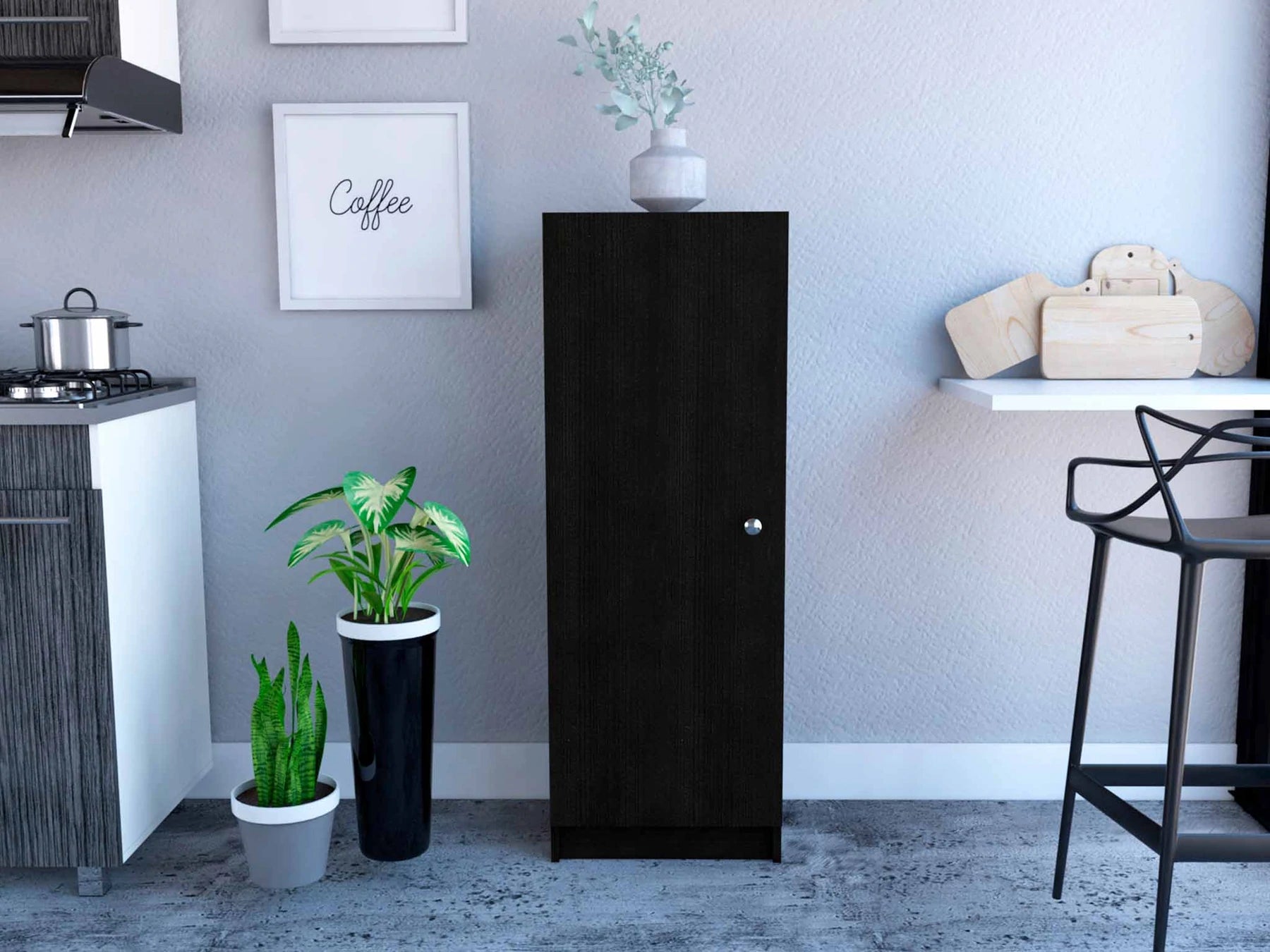 Tuhome Belleria Pantry, Handle, One-Door Cabinet, Four Internal Shelves, Black, For Kitchen Room