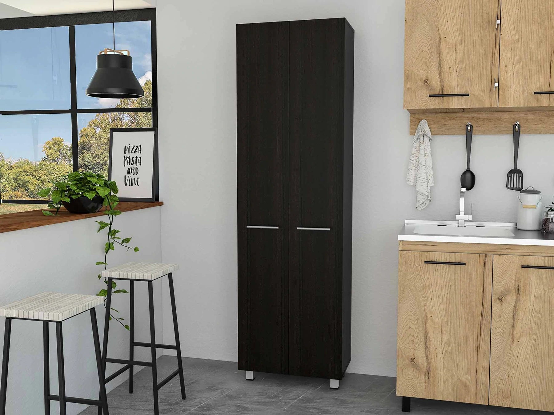 Tuhome Baleare Pantry Cabinet, Five Internal Shelves, Four Legs, Two Handles, Black, For Kitchen Room