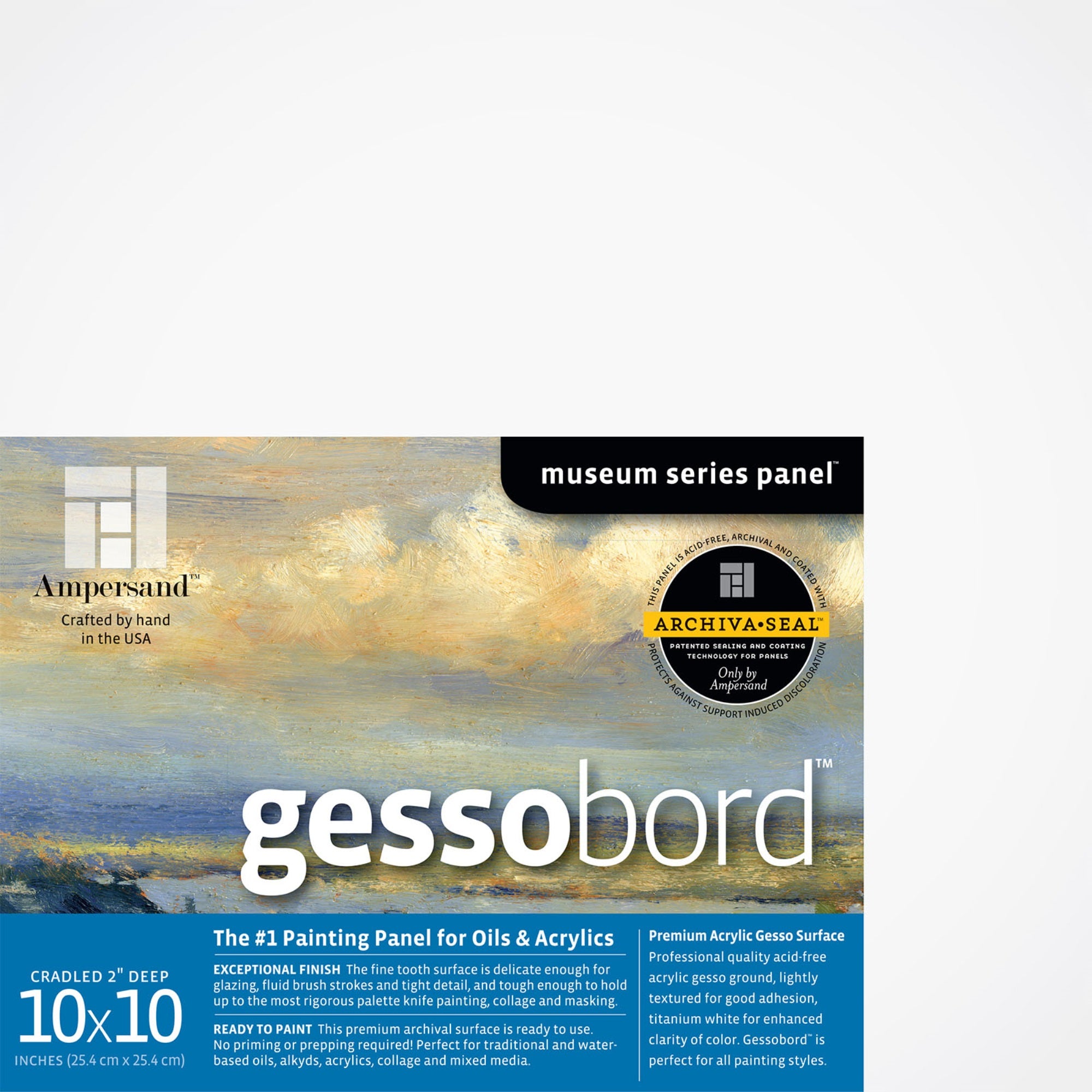 Ampersand Art Supply Gesso Wood Painting Panel: Museum Series Gessobord, 10'' X 10'', 2'' Cradled Profile