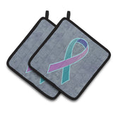 Caroline'S Treasures Teal, Pink & Blue Ribbon For Thyroid Cancer Awareness Pair Of Pot Holders An1217Pthd, 7.5Hx7.5W, Multicol