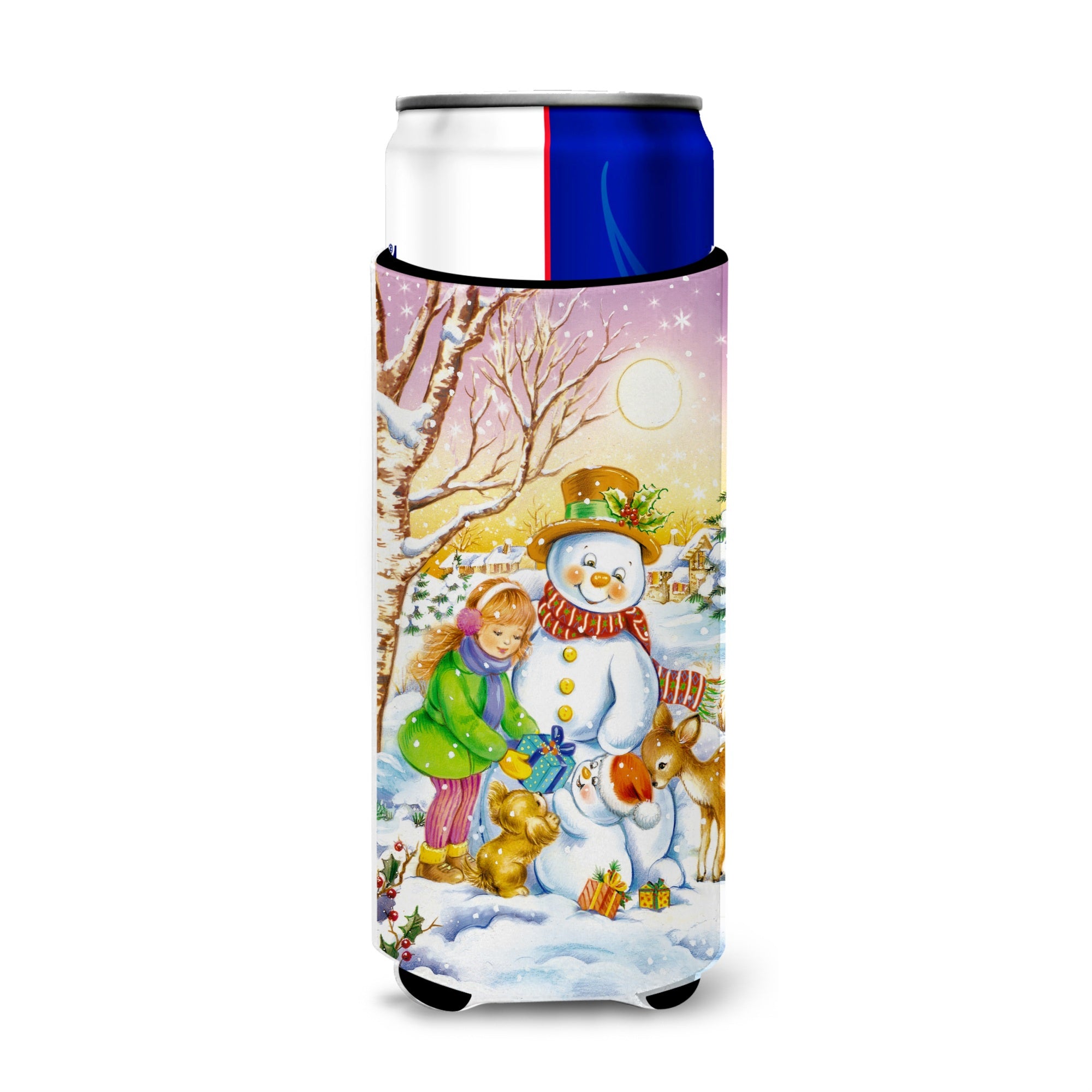 Caroline'S Treasures Girl And Animals With Snowman Michelob Ultra Koozies For Slim Cans, Multicolor