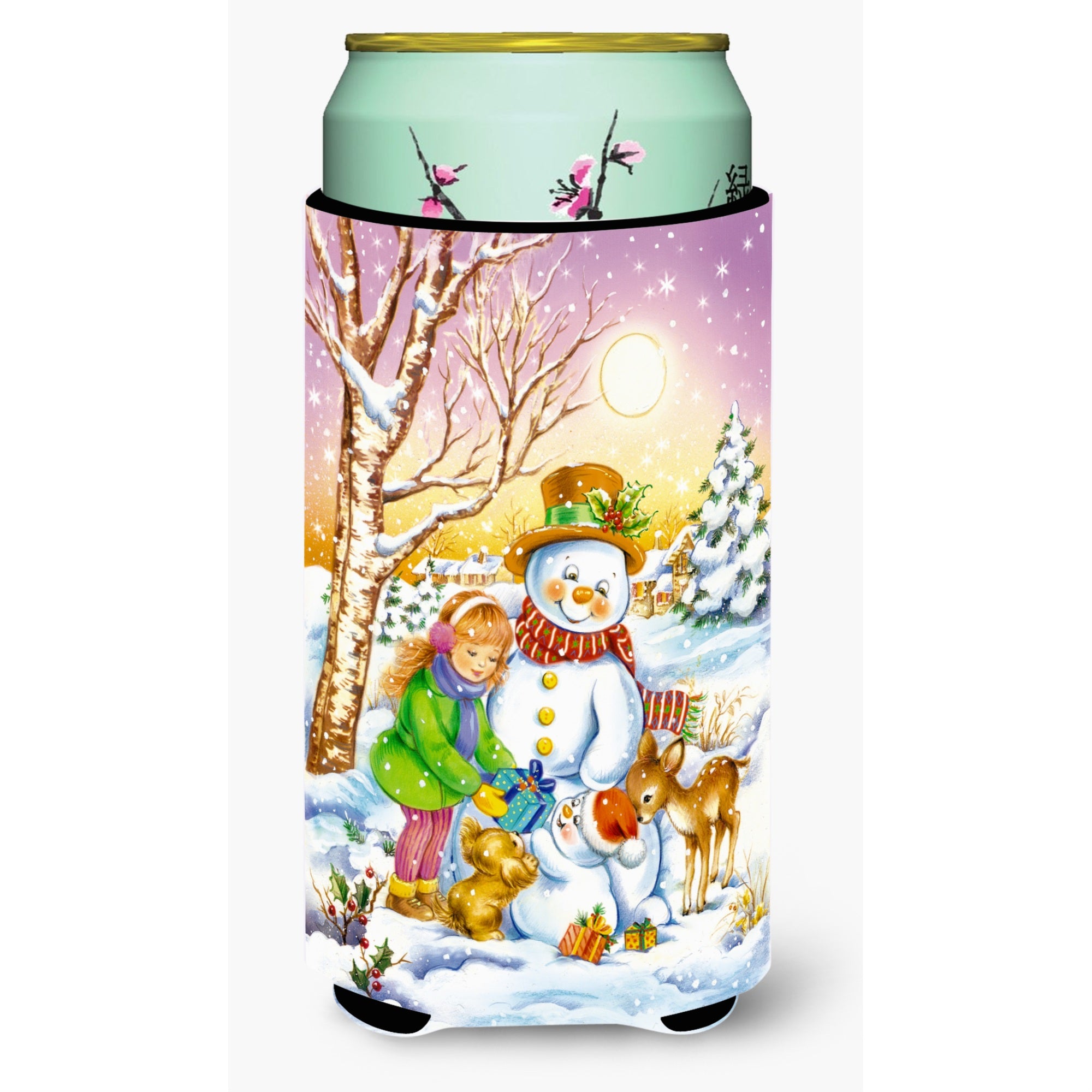 Caroline'S Treasures Girl And Animals With Snowman Tall Boy Koozie Hugger, Multicolor