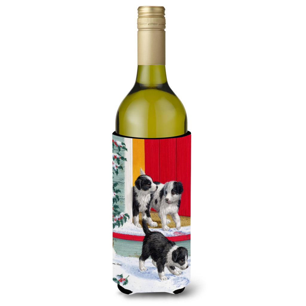 Caroline'S Treasures Christmas Border Collie Pups Wine Bottle Koozie Hugger