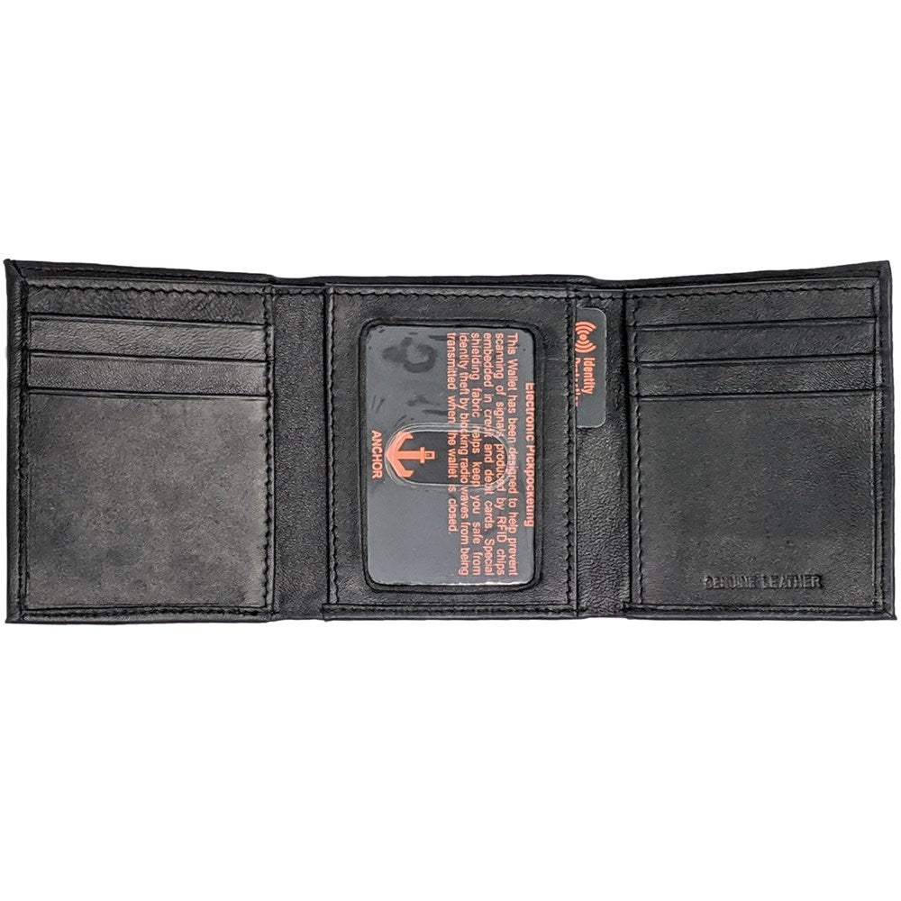 Anchor21 Rfid Mens Black Wallet - Trifold - Genuine Leather