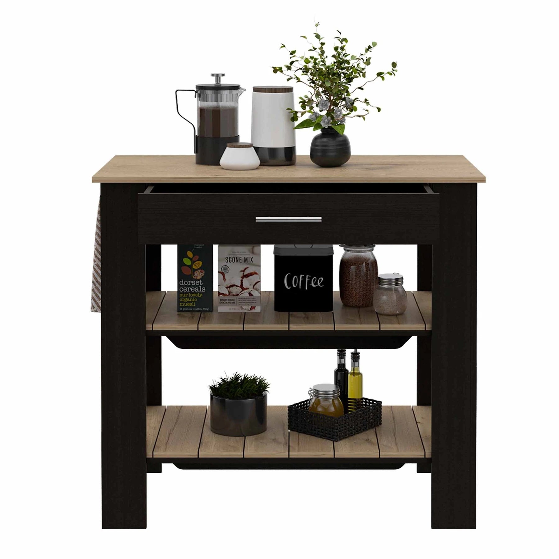 Tuhome Cala Kitchen Island 40, Countertop Table, Two Shelves, One Drawer, Four Legs, Black-Light Oak, For Kitchen Room