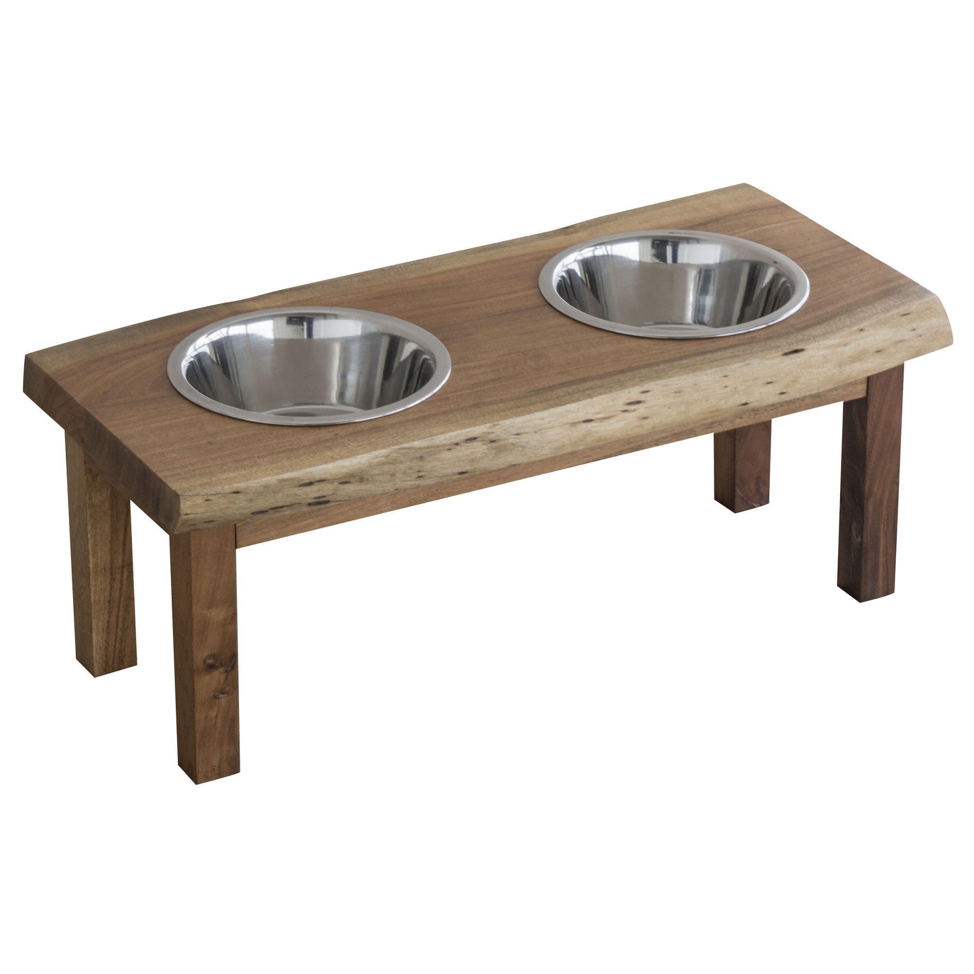 Amerihome Acacia Wood Live Edge Double Bowl Pet Feeder Stand