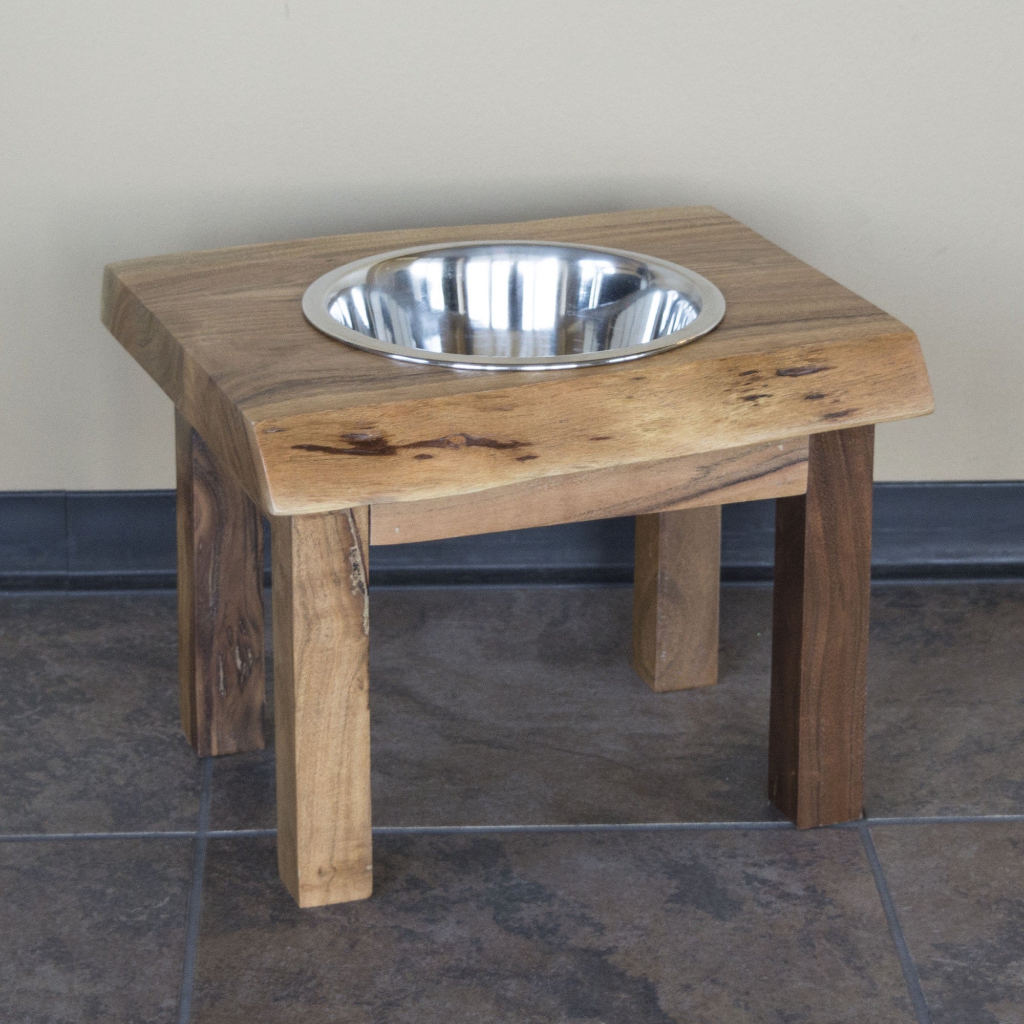 Amerihome Acacia Wood Live Edge Single Bowl Pet Feeder Stand