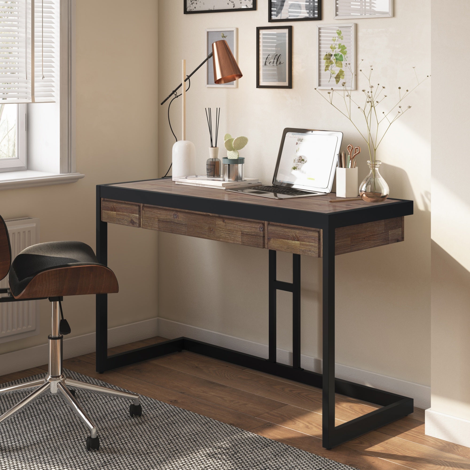 Erina Solid Acacia Wood Industrial 48 Inch Wide Small Desk In Rustic Natural Aged Brown