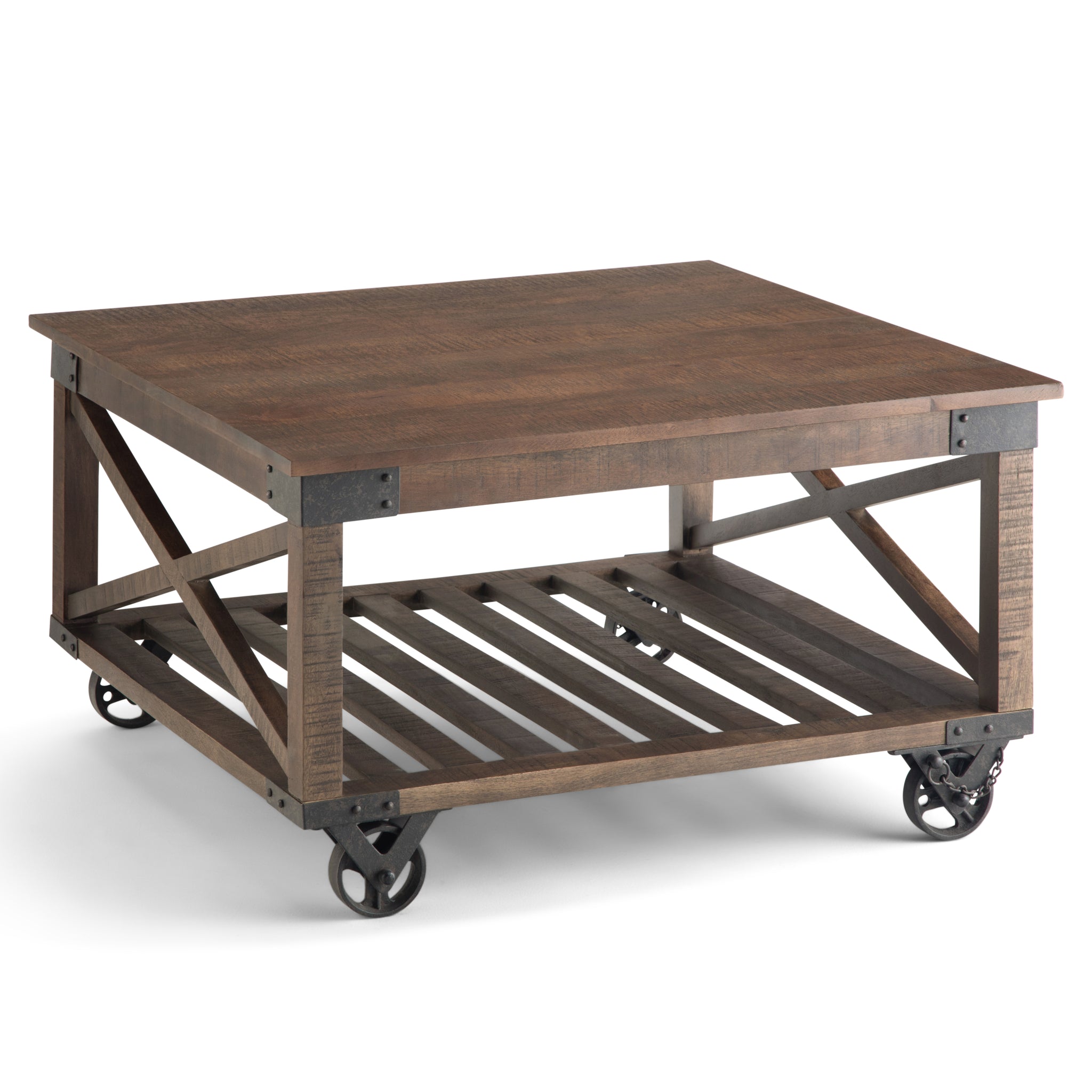 Harding Solid Mango Wood And Metal 32 Inch Wide Square Industrial Coffee Table In Distressed Dark Brown