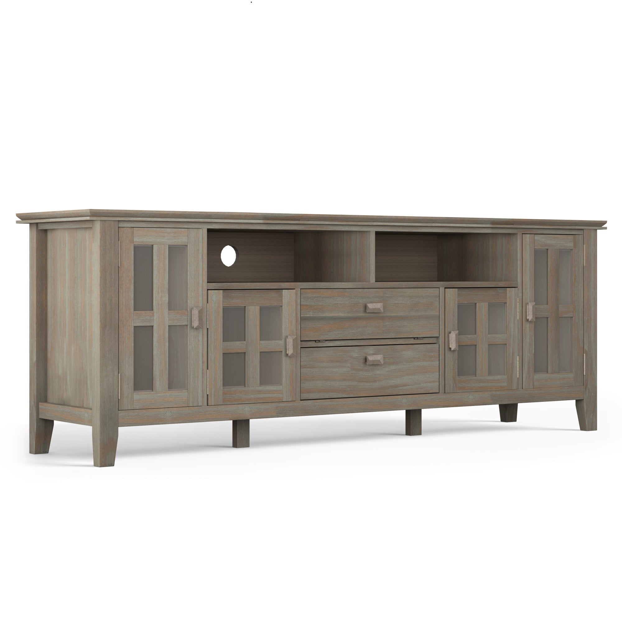 Artisan Solid Wood 72 Inch Wide Transitional Tv Media Stand In Distressed Grey For Tvs Up To 80 Inches