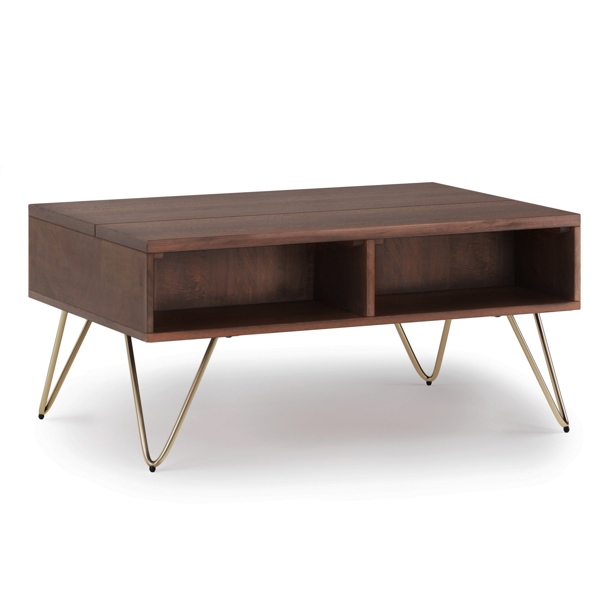 Hunter Solid Mango Wood Small Lift Top Coffee Table In Umber Brown And Gold