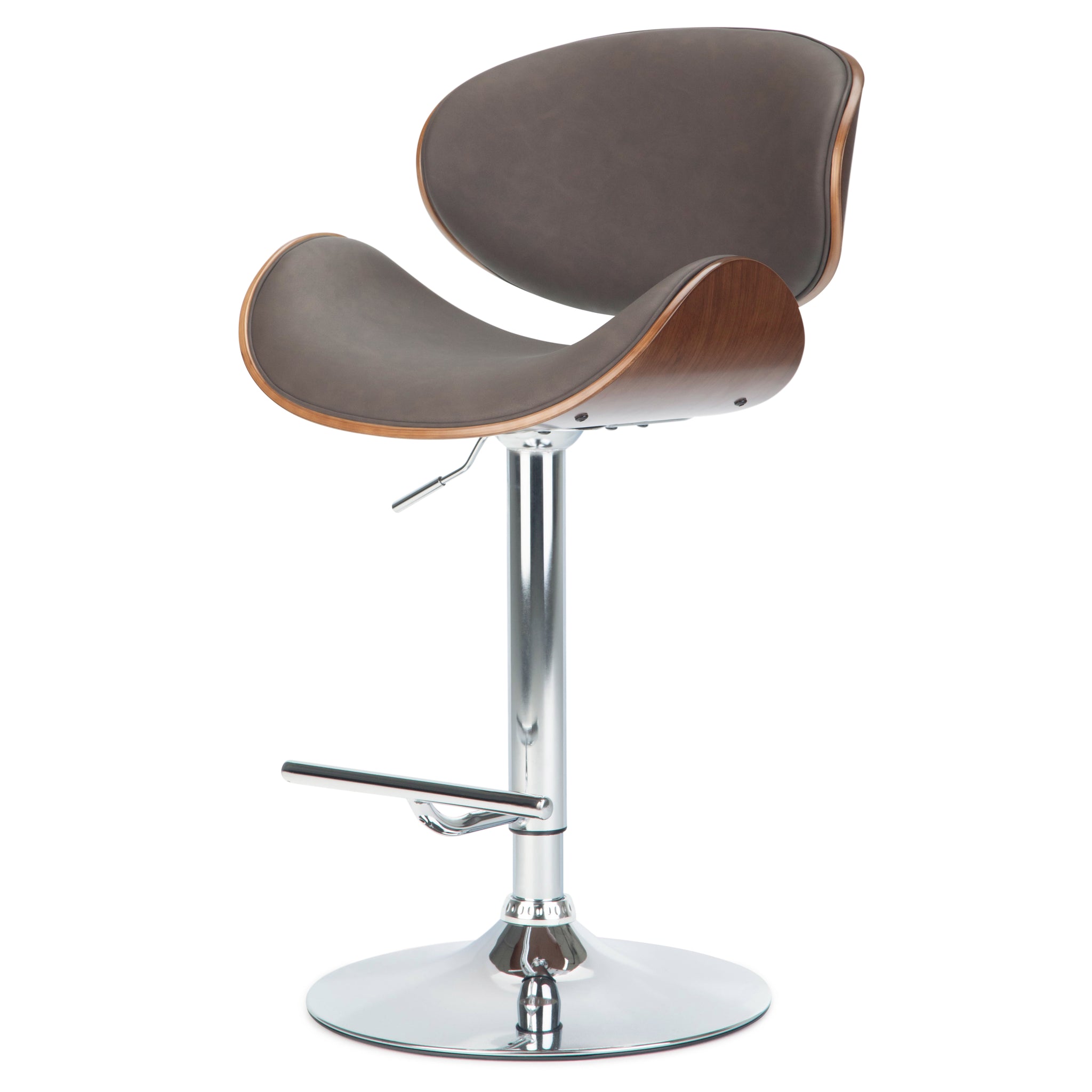 Marana Mid Century Modern Bentwood Adjustable Height Gas Lift Bar Stool In Distressed Brown Faux Leather
