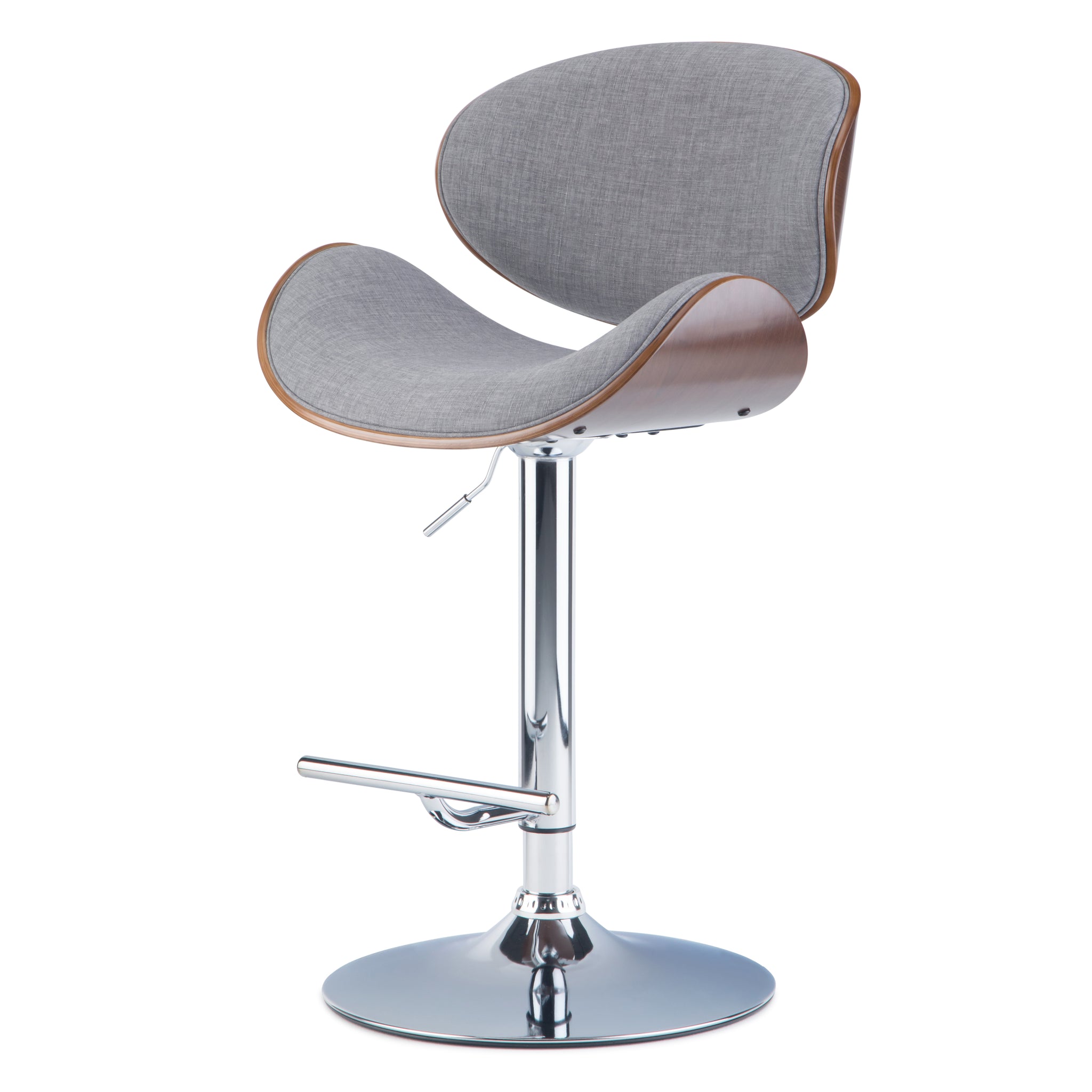 Marana Mid Century Modern Bentwood Adjustable Height Gas Lift Bar Stool In Grey Linen Look Fabric