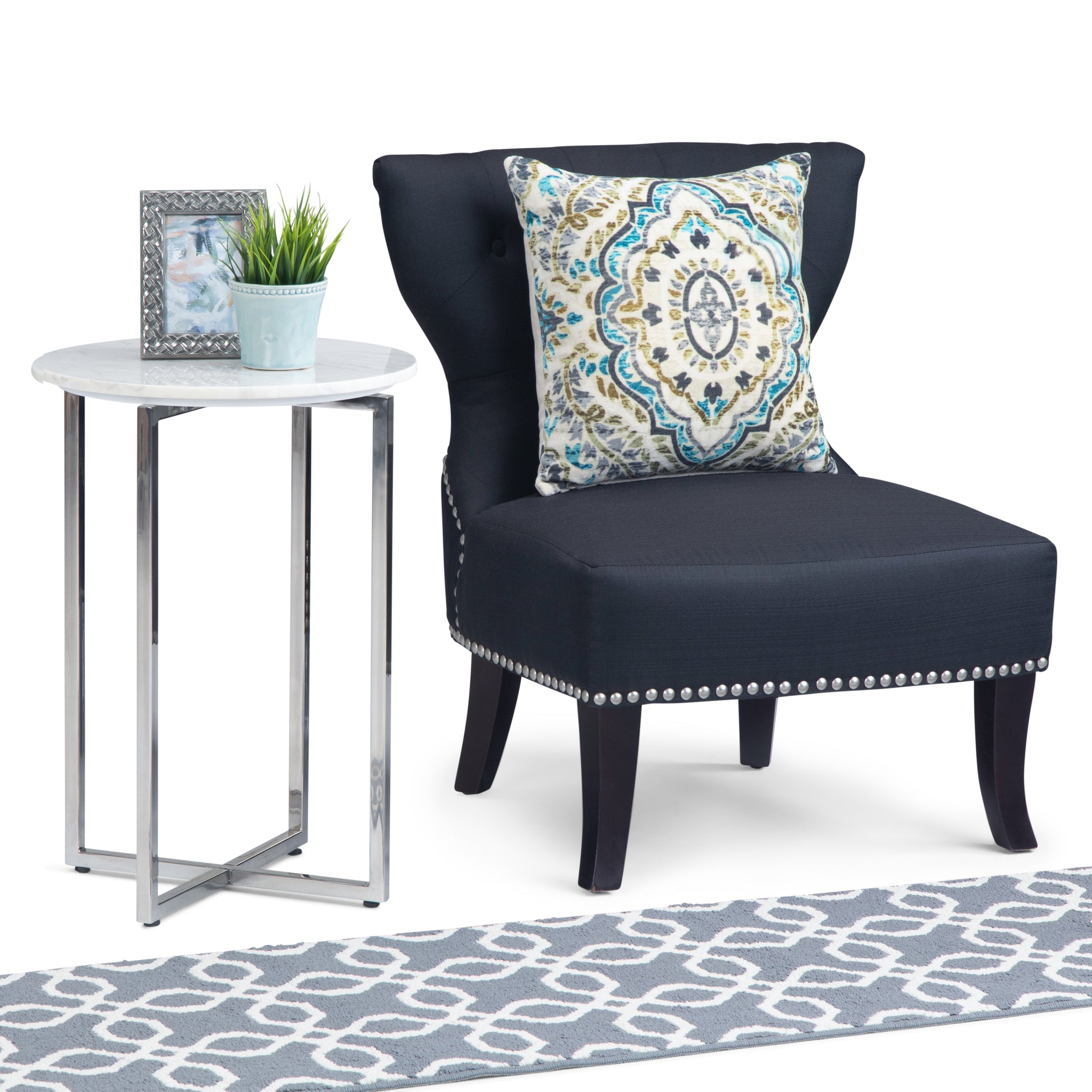 Marsden Modern 18 Inch Wide Metal Accent Side Table With Chrome Base In White, Silver