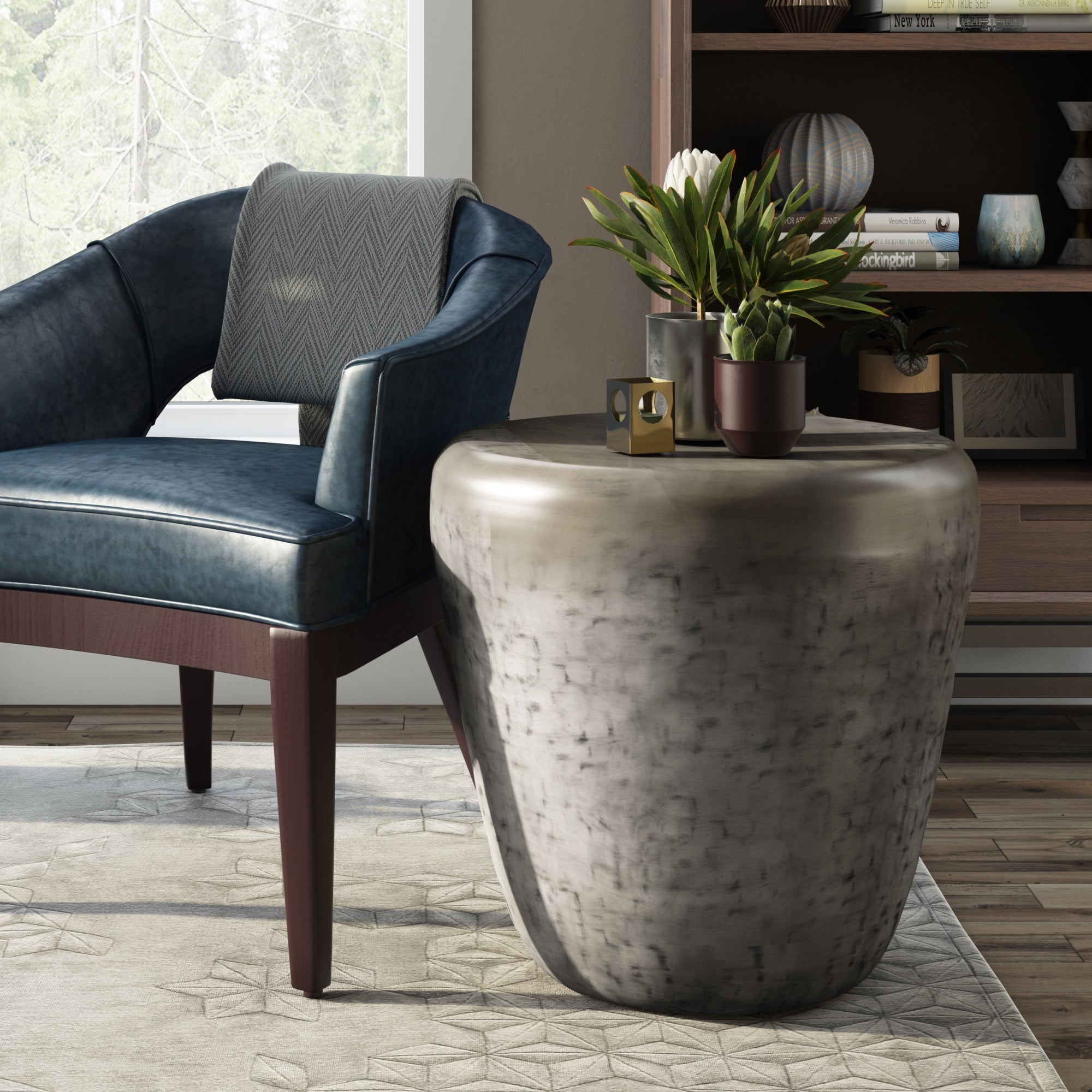 Garvy Industrial 20 Inch Wide Metal Accent Side Table In Antique Silver, Fully Assembled