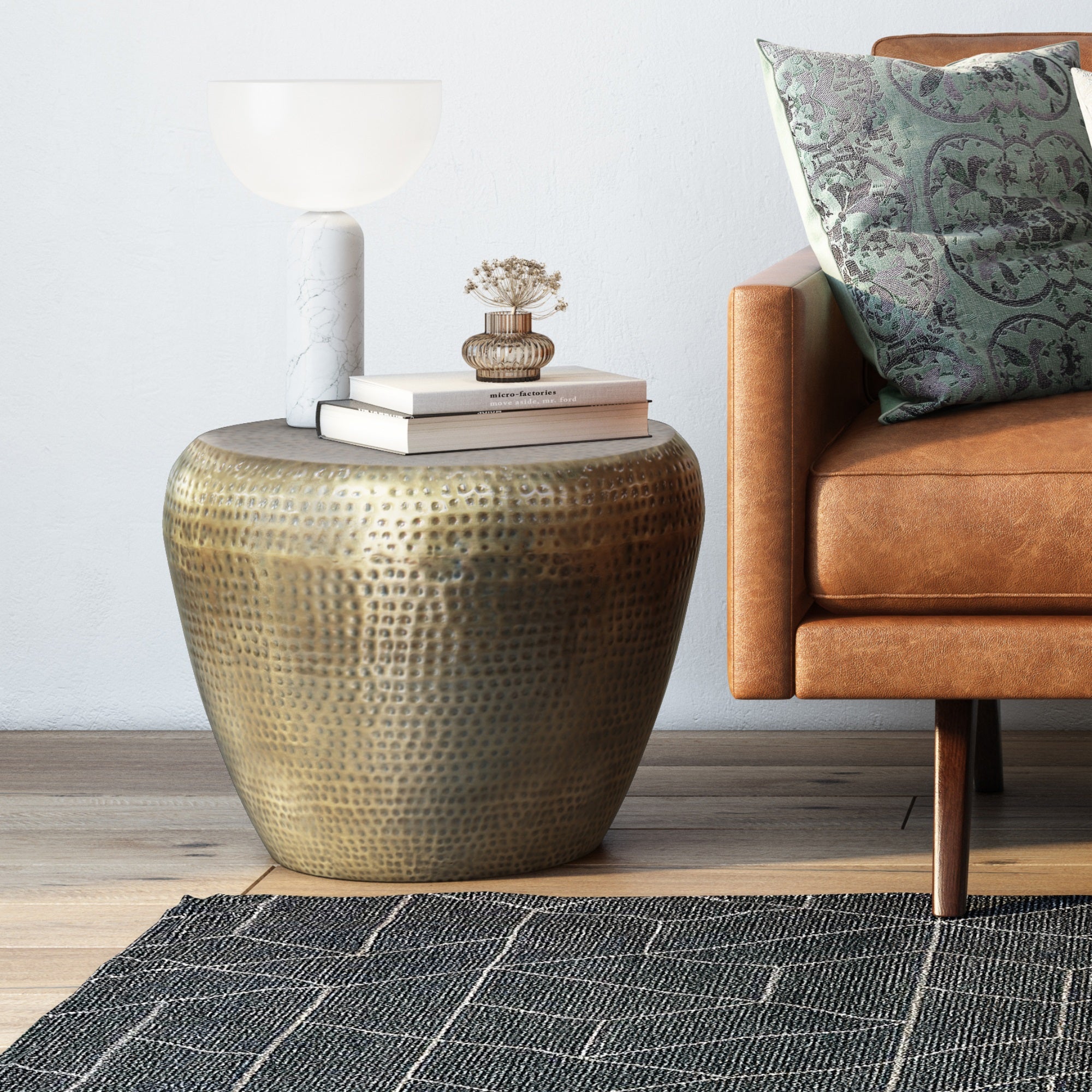 Preston Modern Industrial 22 Inch Wide Metal Metal Side Table In Antique Gold, Fully Assembled