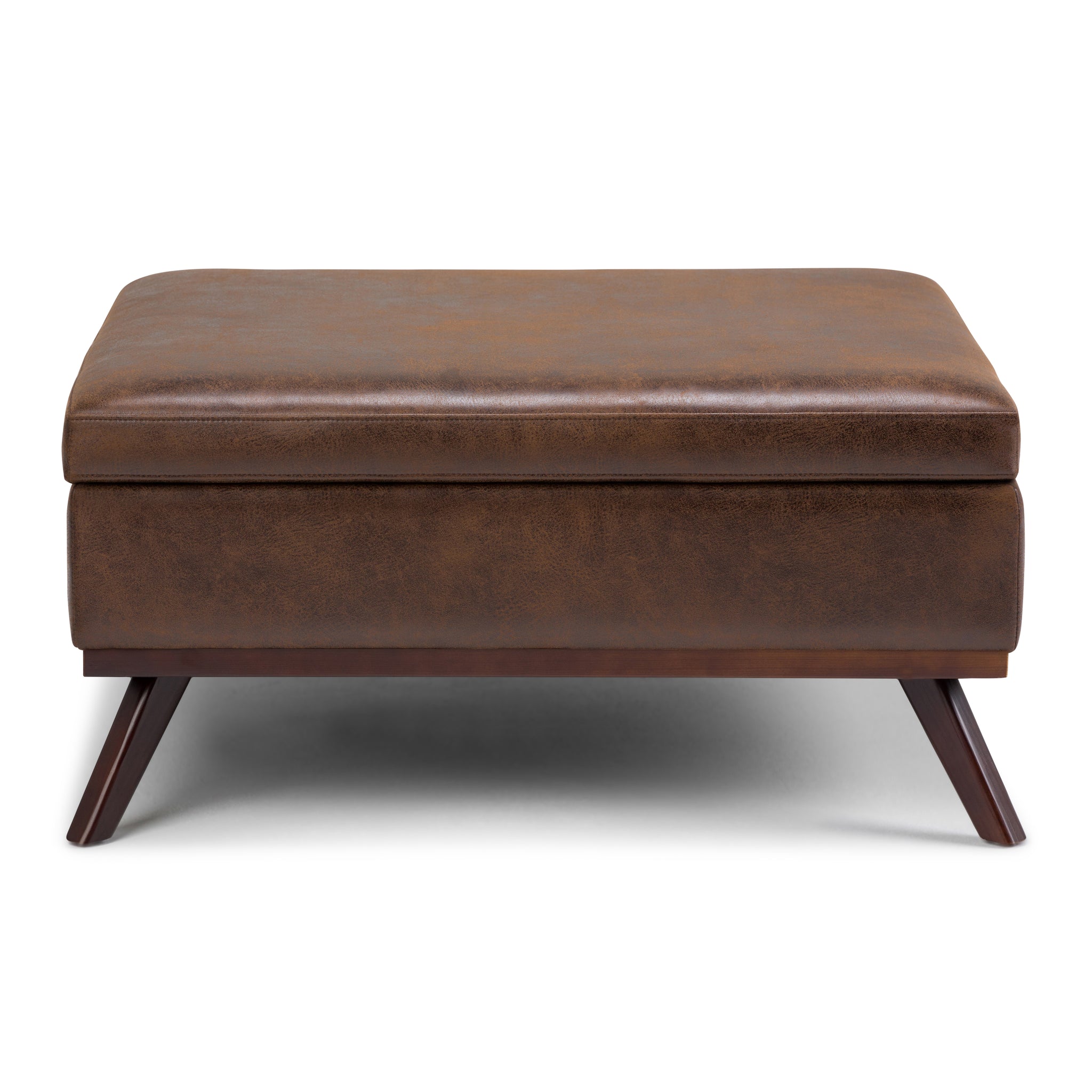 Owen Square Coffee Table Storage Ottoman In Distressed Chestnut Brown Faux Air Leather
