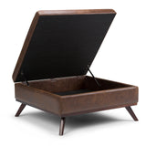 Owen Square Coffee Table Storage Ottoman In Distressed Chestnut Brown Faux Air Leather