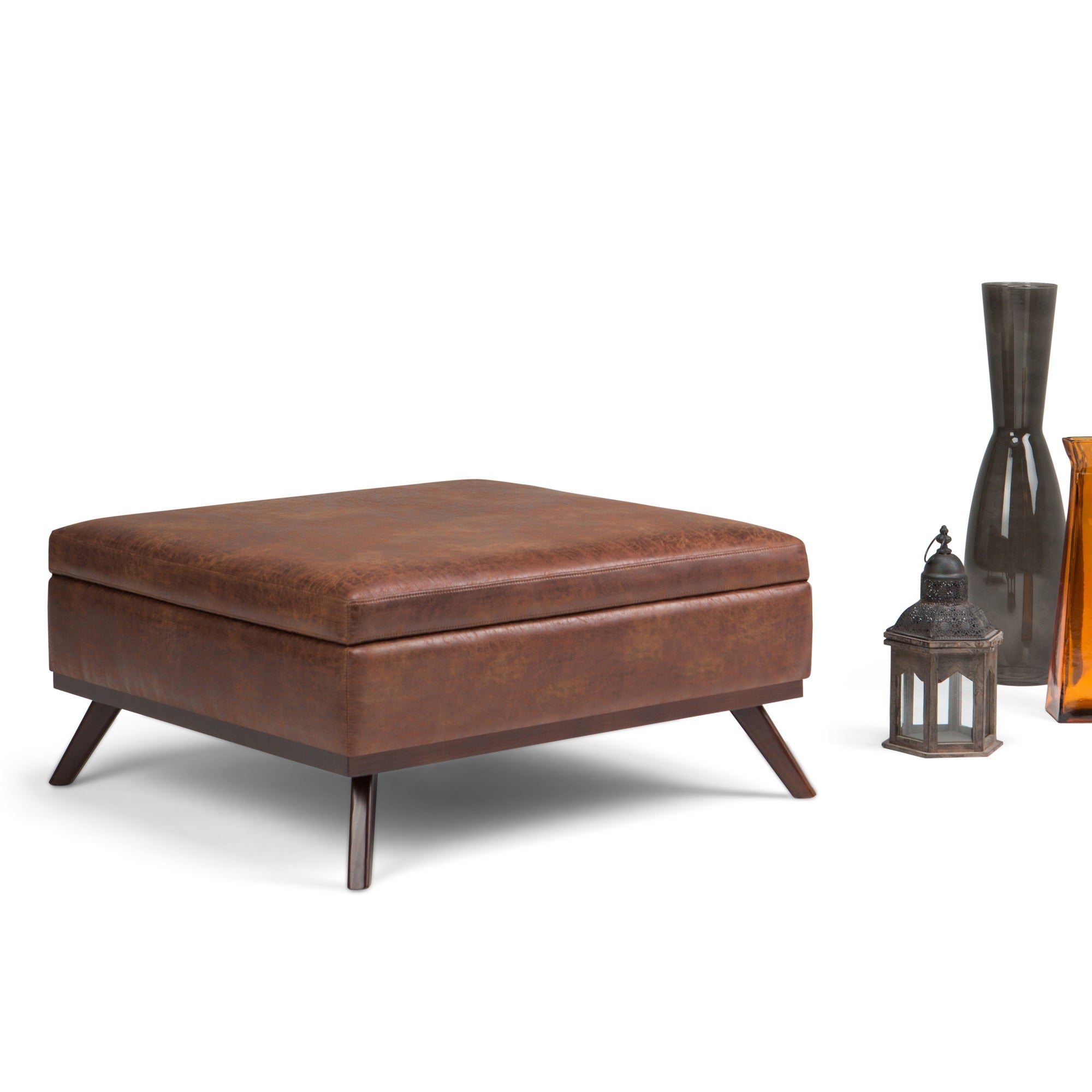 Owen 36 In Wide Square Square Coffee Table Storage Ottoman - Distressed Saddle Brown