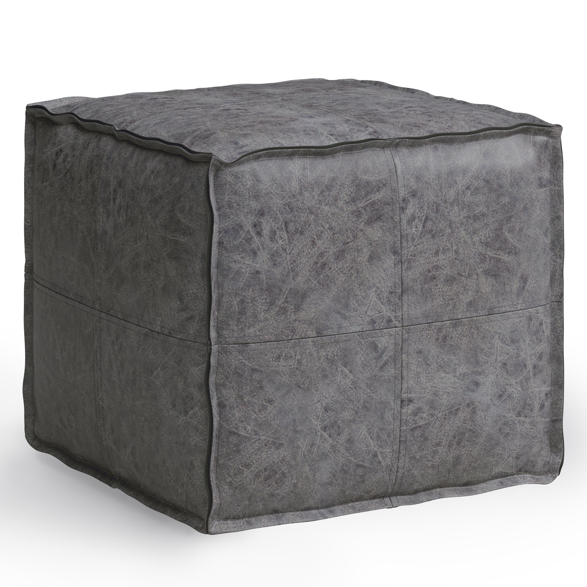Brody Boho Square Pouf In Distressed Black Faux Leather