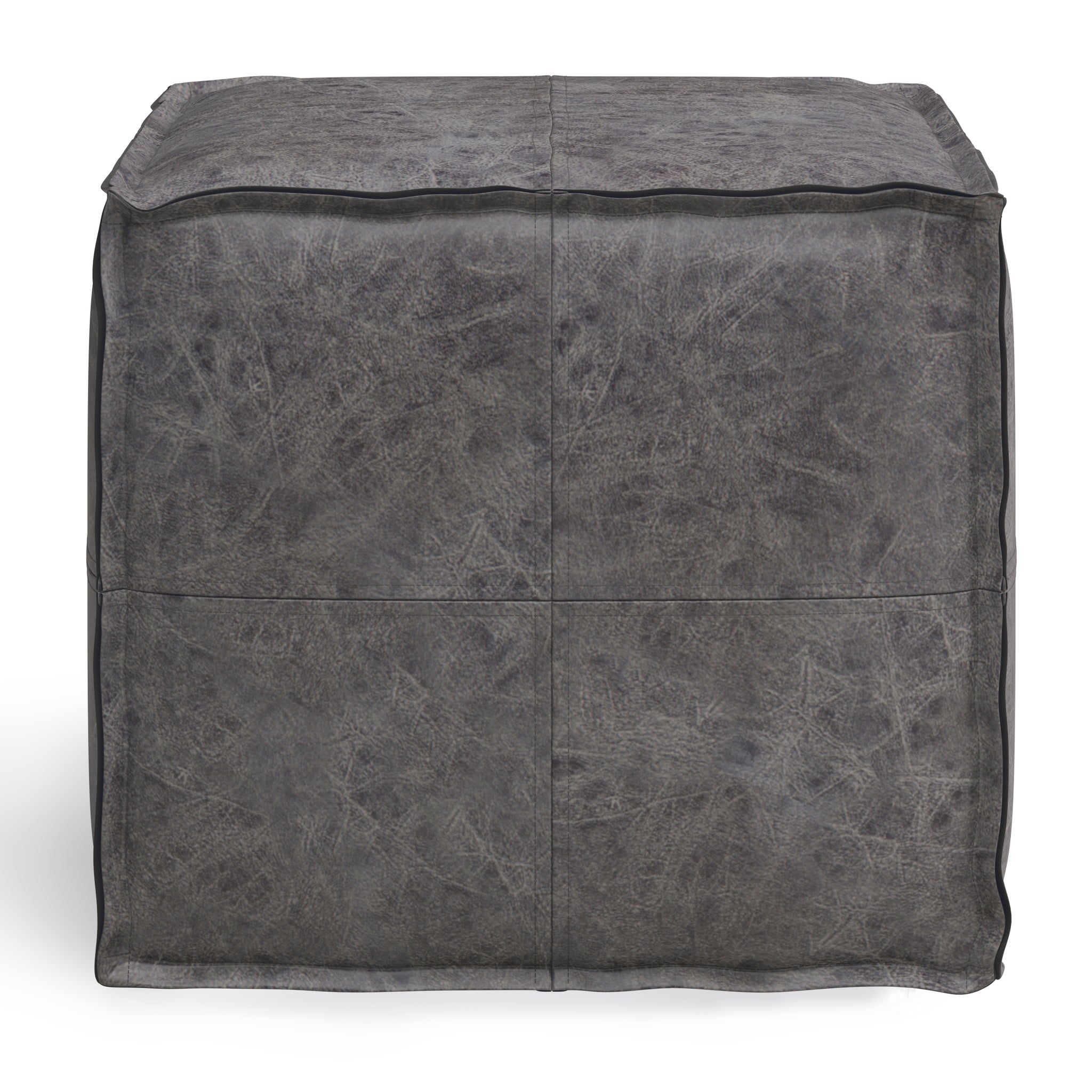 Brody Boho Square Pouf In Distressed Black Faux Leather