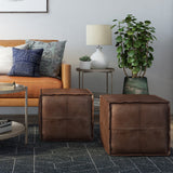 Brody Boho Square Pouf In Distressed Dark Brown Faux Leather