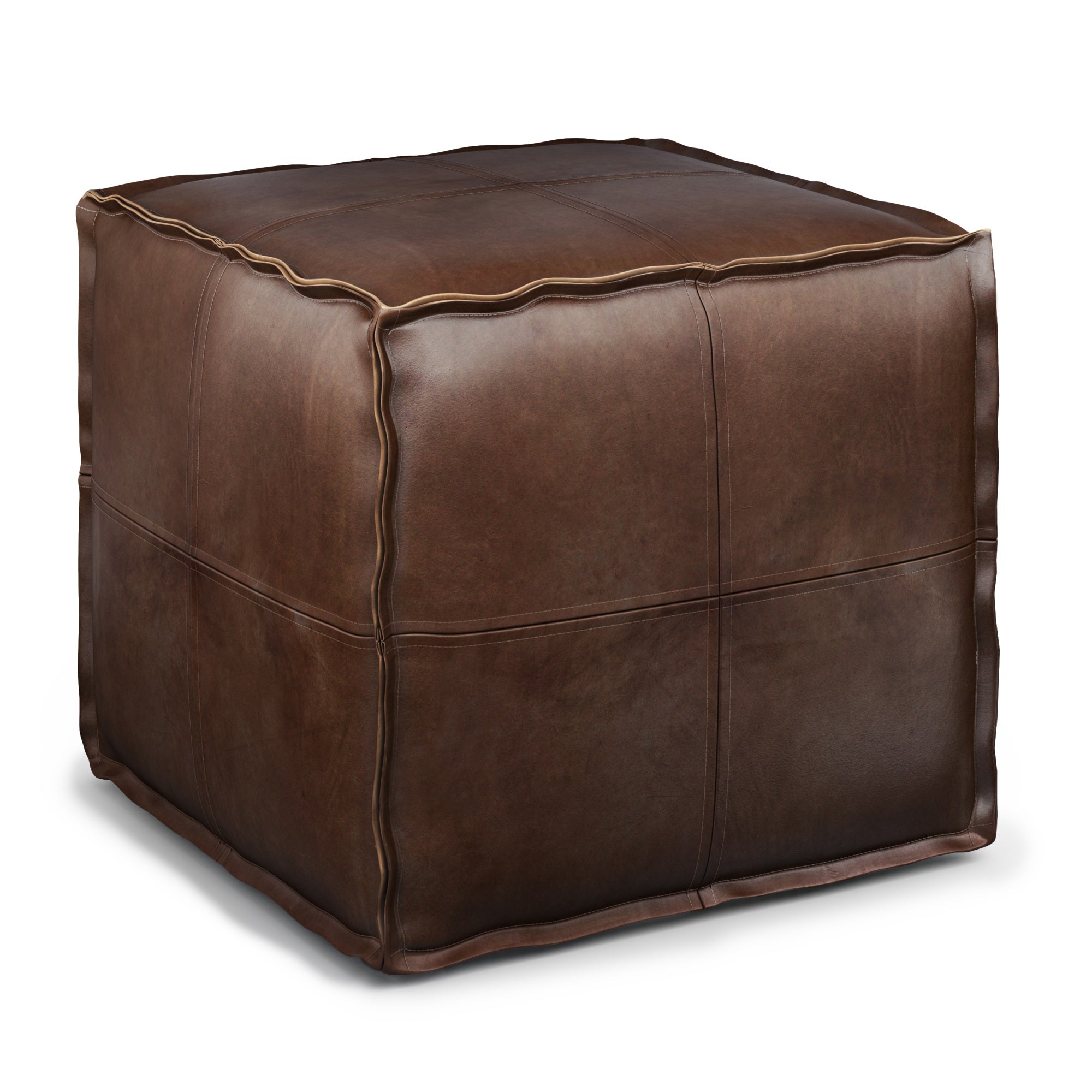 Brody Boho Square Pouf In Distressed Dark Brown Faux Leather