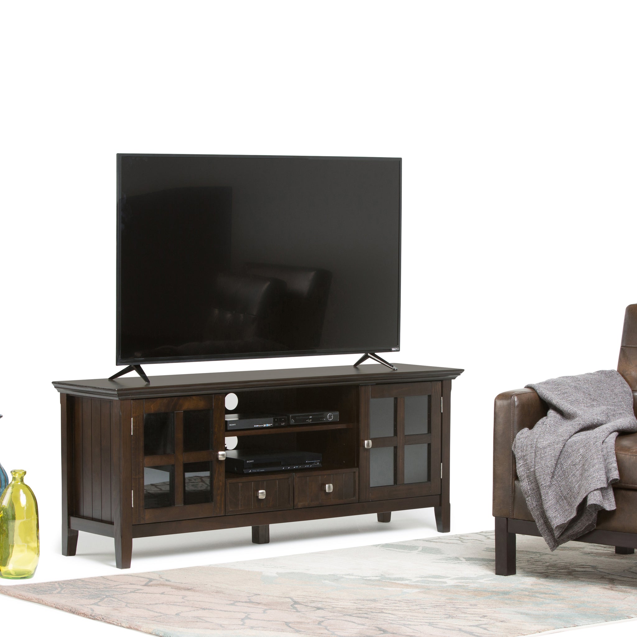 Acadian Solid Wood 60 Inch Wide Transitional Tv Media Stand In Brunette Brown For Tvs Up To 65 Inches