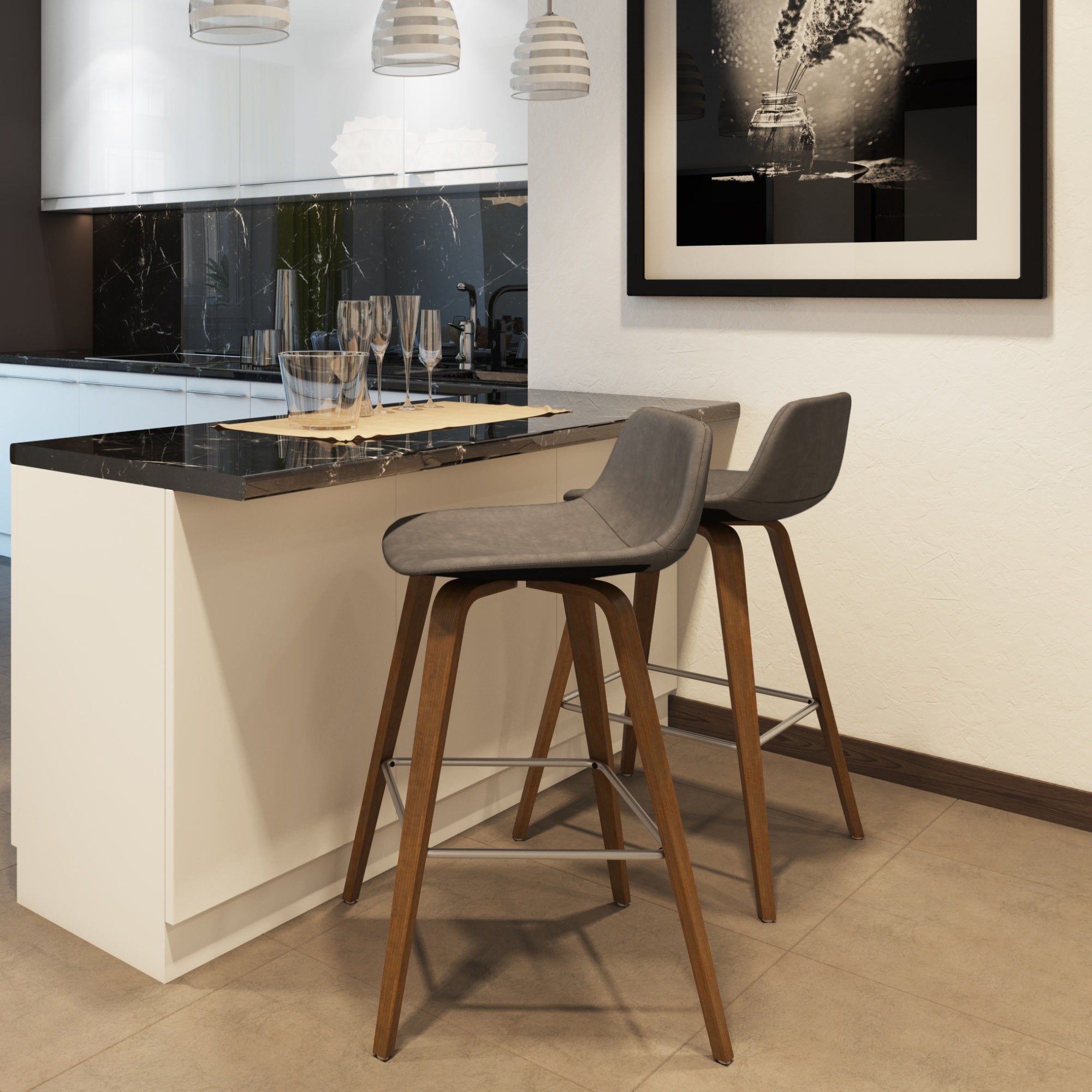 Randolph Mid-Century Modern Bentwood Counter Height Stool (Set Of 2) In Distressed Grey Faux Leather