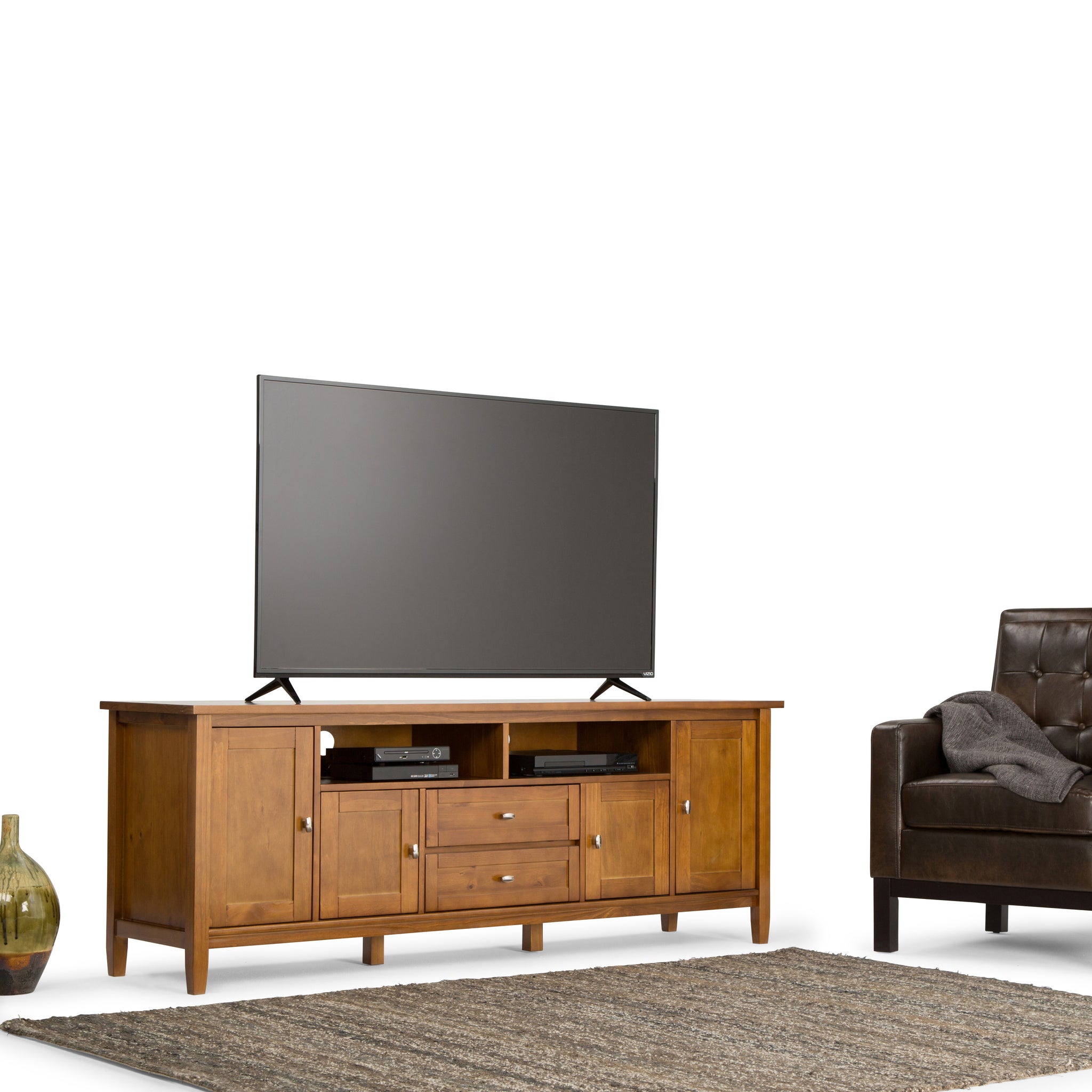 Warm Shaker Solid Wood 72 Inch Wide Transitional Tv Media Stand In Light Golden Brown For Tvs Up To 80 Inches