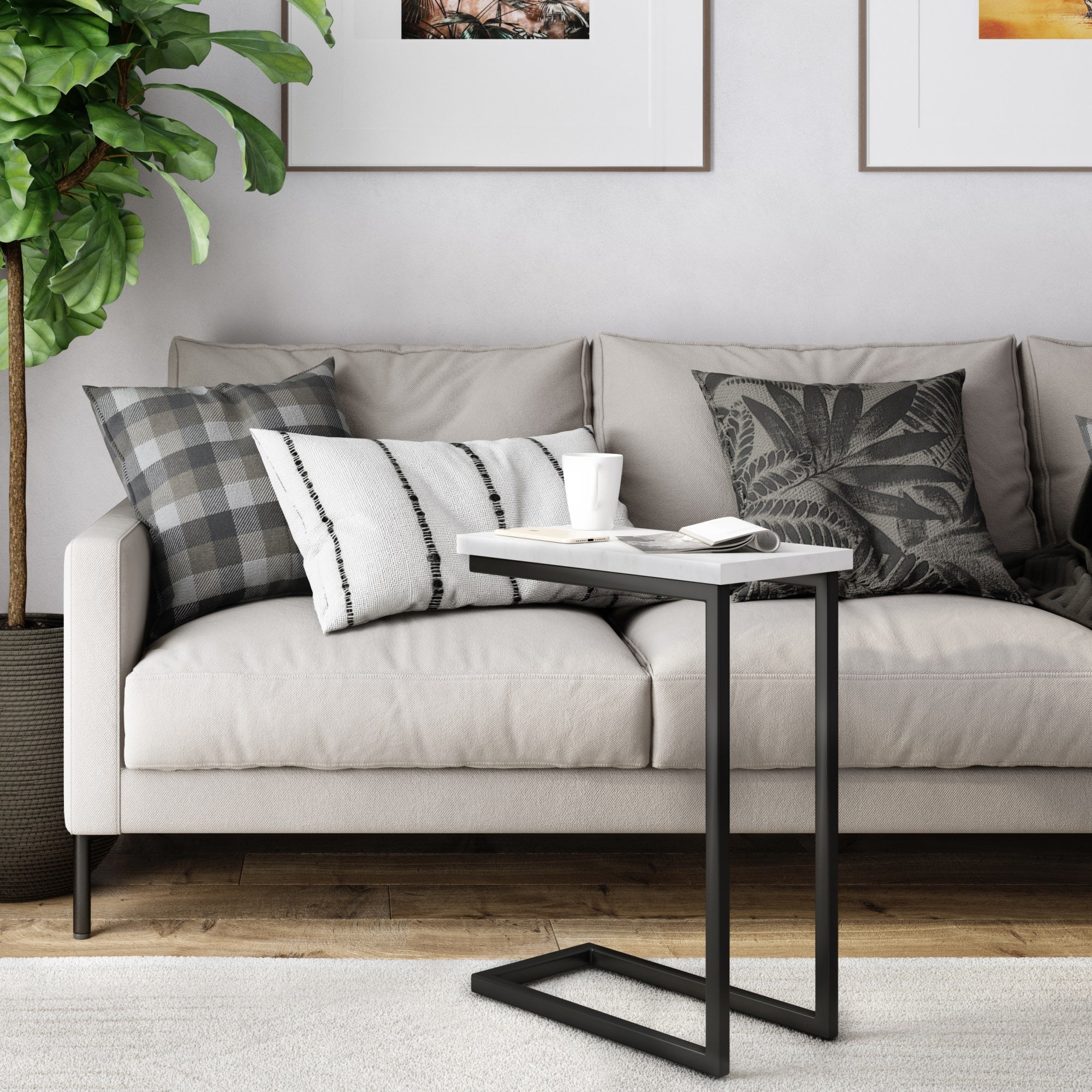 Skyler Industrial 18 Inch Wide Metal C Side Table With Marble Top In White, Fully Assembled