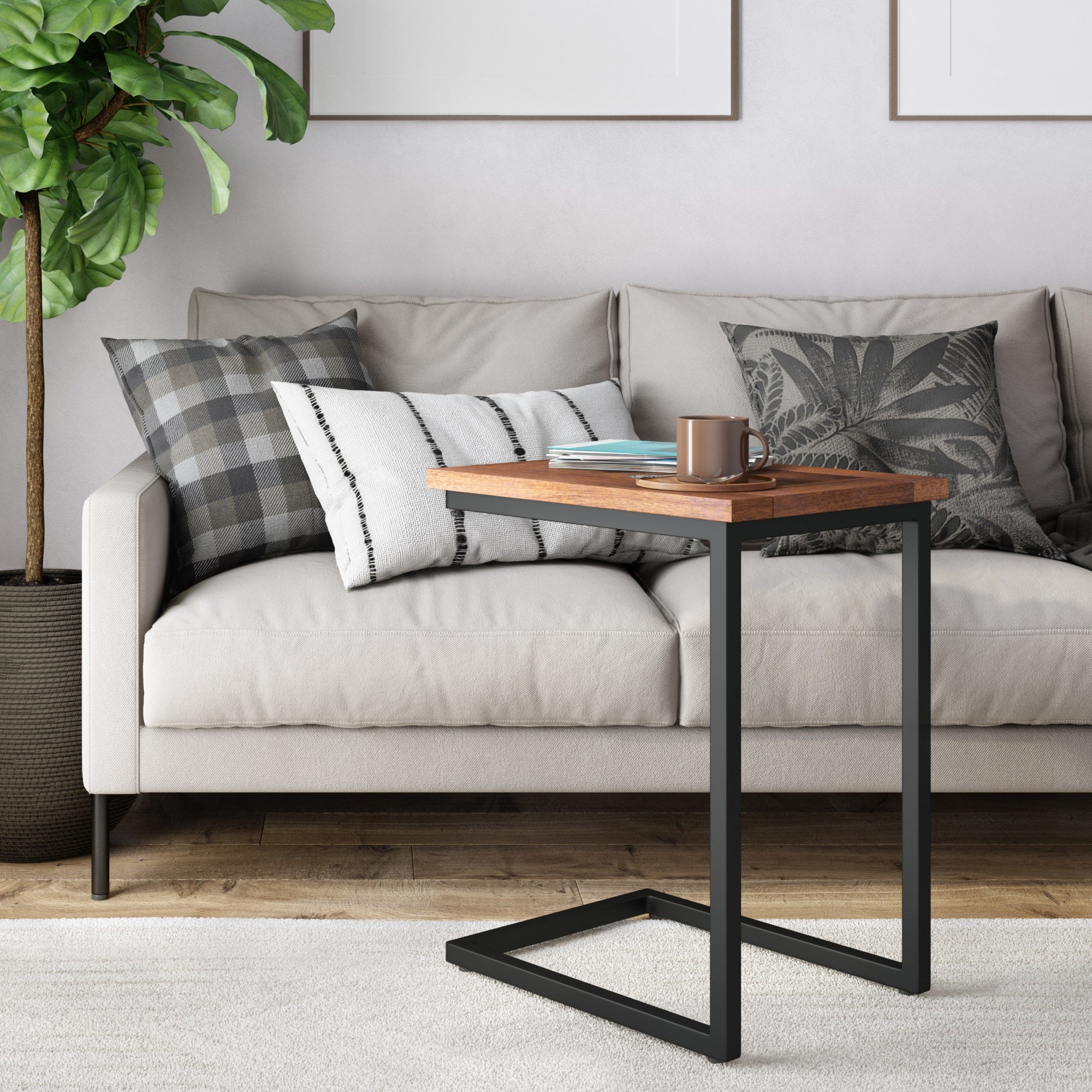 Skyler Solid Mango Wood Wide C Side Table In Dark Cognac Brown