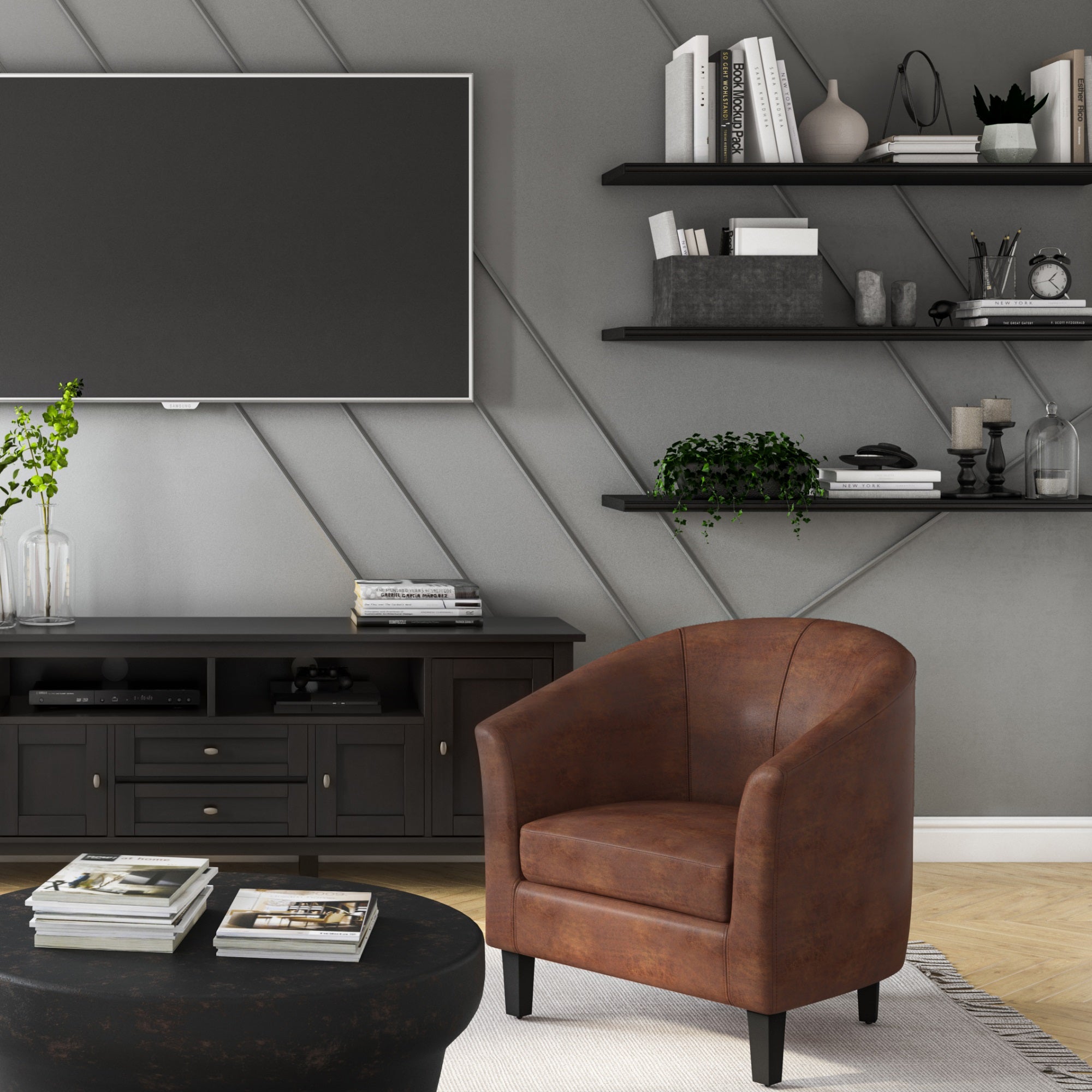 Austin 30 Inch Wide Contemporary Tub Chair In Distressed Saddle Brown Faux Leather