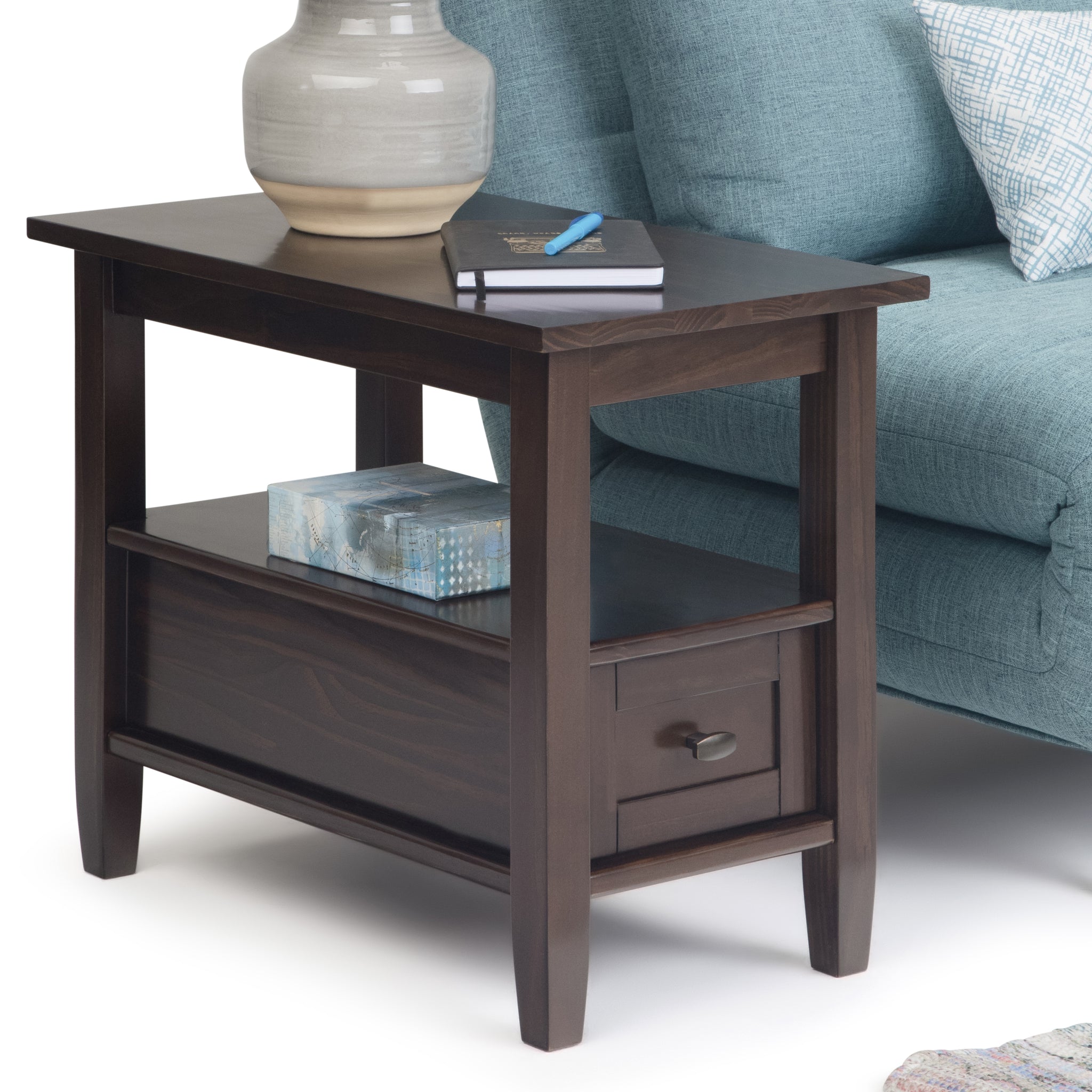 Warm Shaker Solid Wood 14 Inch Wide Rectangle Transitional Narrow Side Table In Tobacco Brown