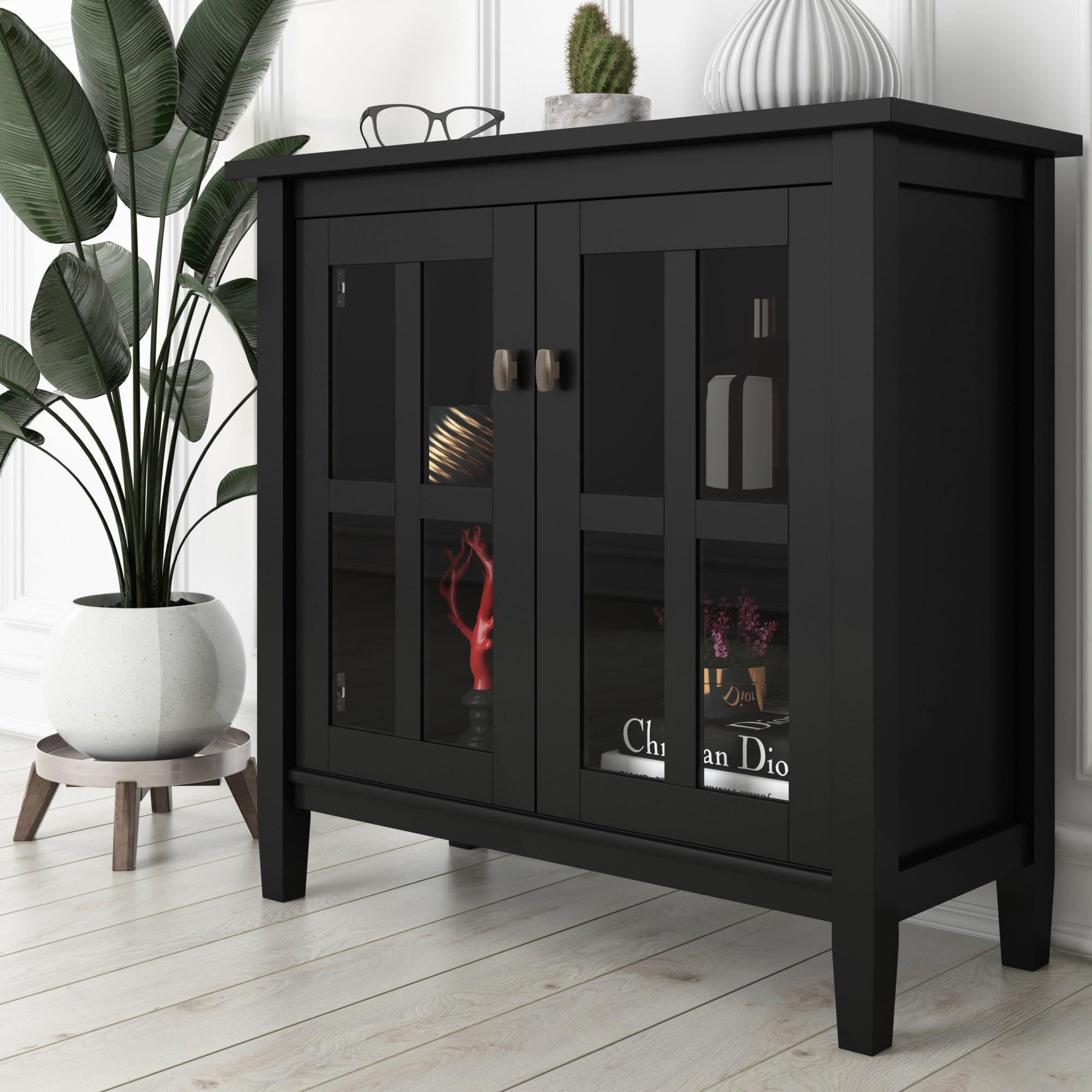Warm Shaker Solid Wood 32 Inch Wide Transitional Low Storage Cabinet In Black