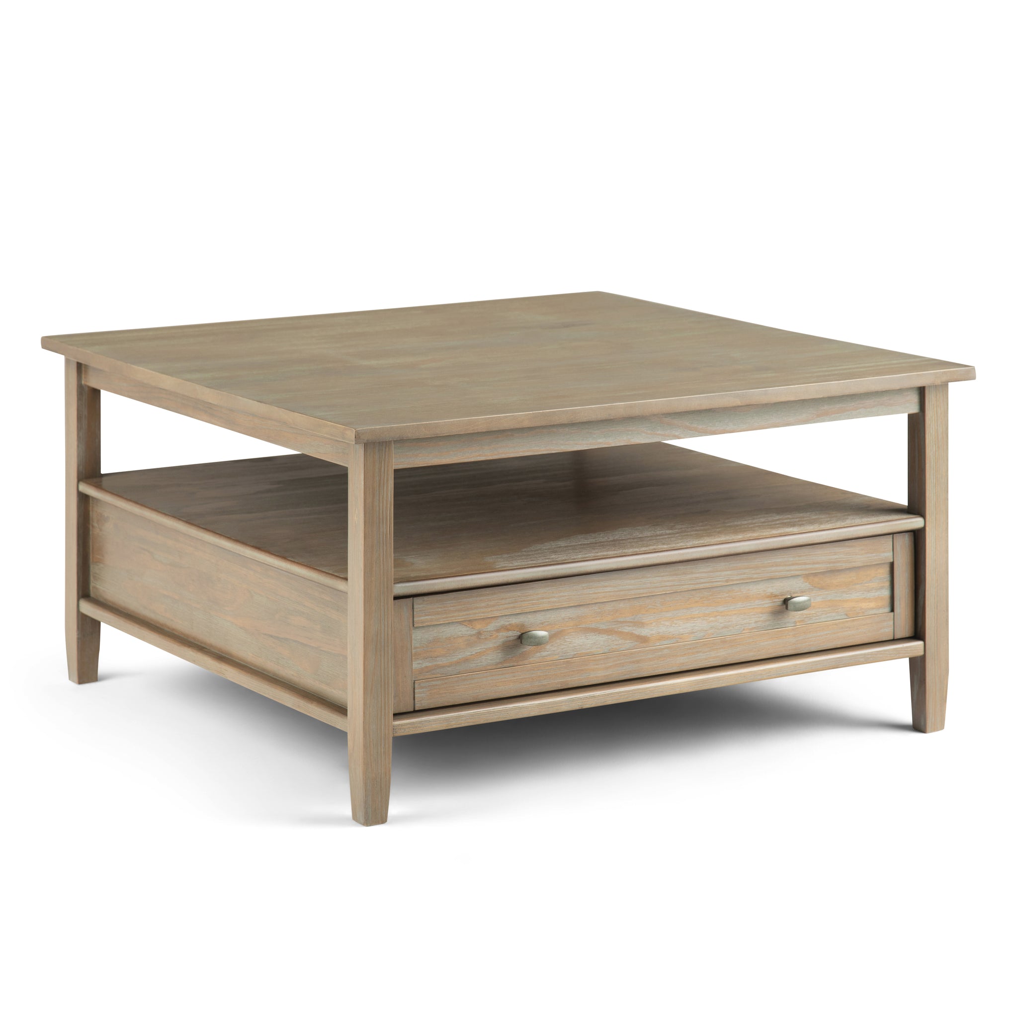 Warm Shaker Solid Wood 36 Inch Wide Square Transitional Coffee Table In Distressed Grey