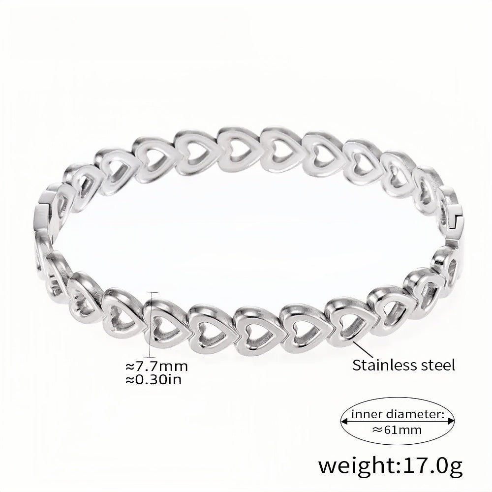 Elegant Stainless Steel Heart Link Bracelet 61mm Inner Diameter, 17g