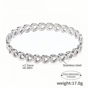 Elegant Stainless Steel Heart Link Bracelet 61mm Inner Diameter, 17g