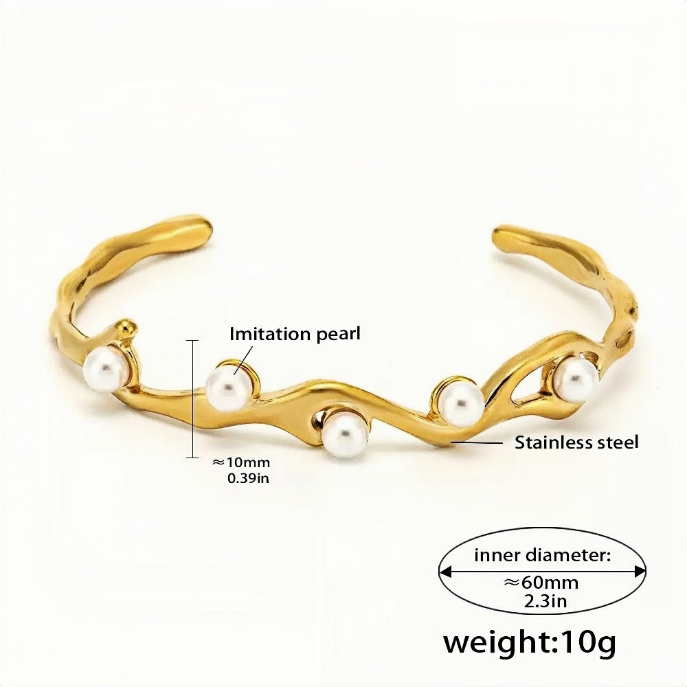 Elegant Gold-Plated Stainless Steel Cuff Bracelet with Imitation Pearls 10g