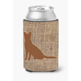 Cat Burlap And Brown Can Or Bottle Beverage Insulator Hugger
