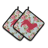 Caroline'S Treasures Bb1074-Rs-Bu-Pthd Curly Coated Retriever Shabby Chic Blue Roses Pot Holders (1 Pair), 7.5 X 7.5,