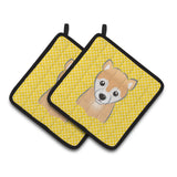 Caroline'S Treasures Yellow Checkered Shiba Inu Pair Of Pot Holders Bb1133Pthd, 7.5Hx7.5W, Multicolor