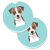 Caroline'S Treasures Checkerboard Blue Jack Russell Terrier Set Of 2 Cup Holder Car Coasters Bb1140Carc, 2.56, Multicolor