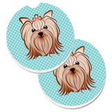 Caroline'S Treasures Checkerboard Blue Yorkie Yorkishire Terrier Set Of 2 Cup Holder Car Coasters Bb1142Carc, 2.56, Multicolor