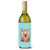 Checkerboard Blue Yorkie Yorkishire Terrier Wine Bottle Beverage Insulator Hugger