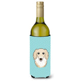 Checkerboard Blue Longhair Creme Dachshund Wine Bottle Beverage Insulator Hugger