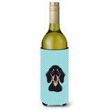 Checkerboard Blue Smooth Black And Tan Dachshund Wine Bottle Beverage Insulator Hugger