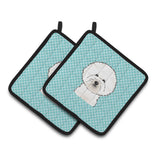 Caroline'S Treasures Checkerboard Blue Bichon Frise Pair Of Pot Holders Bb1155Pthd, 7.5Hx7.5W, Multicolor