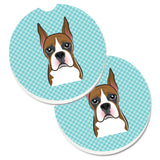Caroline'S Treasures Checkerboard Blue Boxer Set Of 2 Cup Holder Car Coasters Bb1161Carc, 2.56, Multicolor