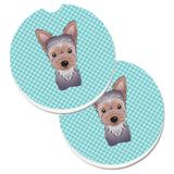 Caroline'S Treasures Checkerboard Blue Yorkie Puppy Set Of 2 Cup Holder Car Coasters Bb1170Carc, 2.56, Multicolor
